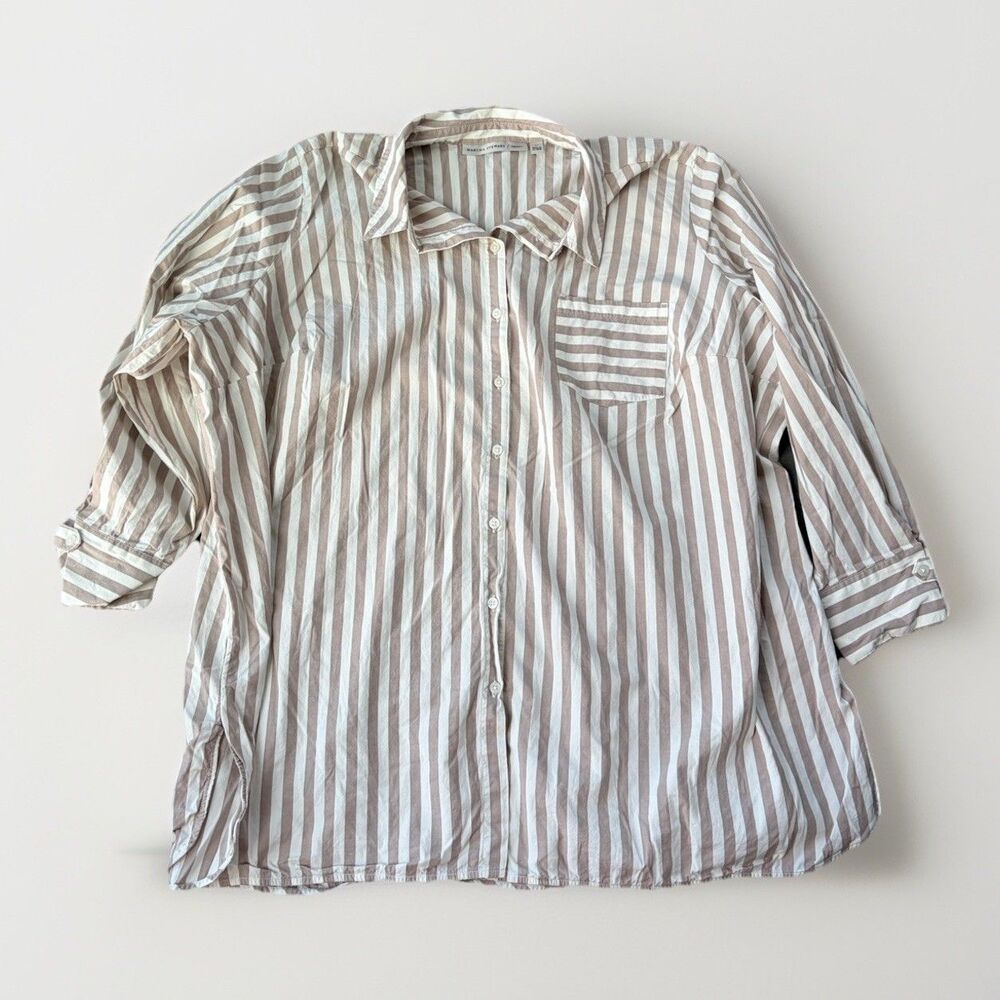 Martha Stewart Signature 4X Plus Striped Button Front Tunic Shirt Taupe White